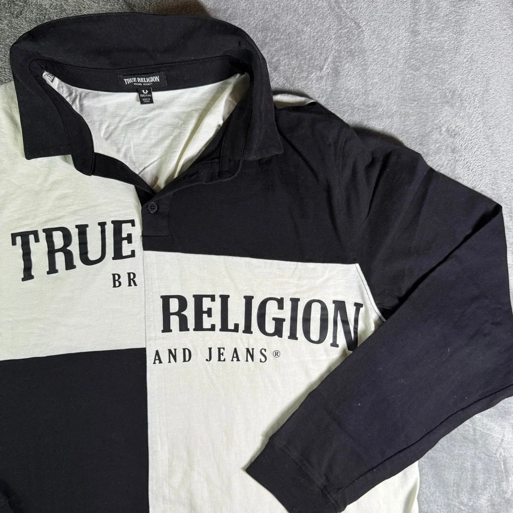 True Religion Spliced Rugby Polo Shirt Long Sleeve Black White/Cream XXL